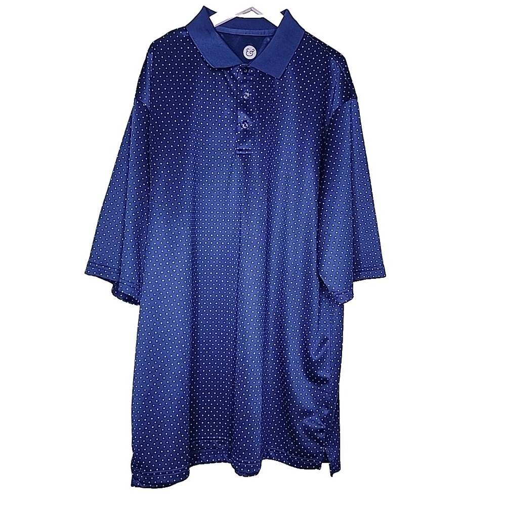 Kilburne & Finch Shirt Polo 2XLT Golf Performance‎ Blue Polka Dot Short Sleeve